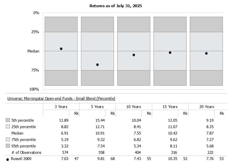 Area chart showing what percent of fund managers in the small blend universe outperformed their benchmark for the 3, 5, 10, 15, and 20 year time horizons. 